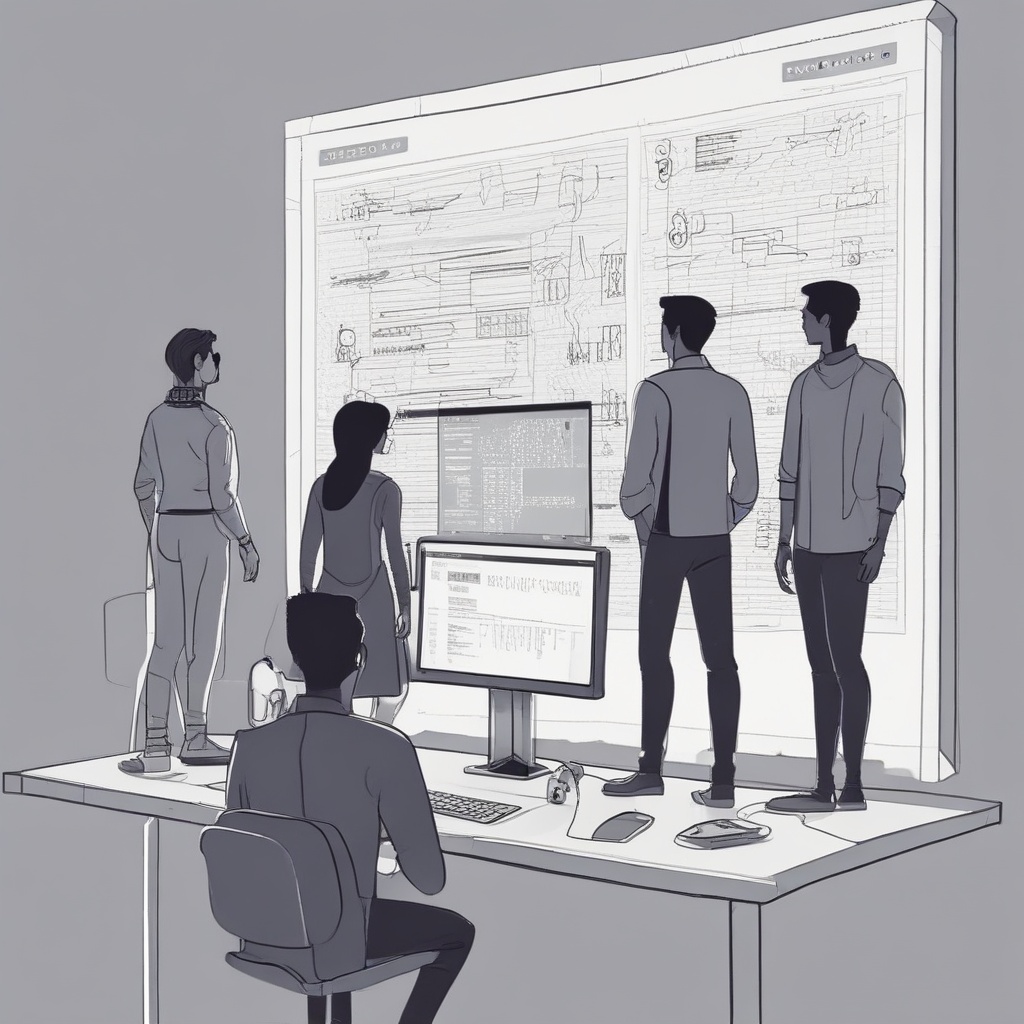 Animated people collaborating around a large computer screen displaying code